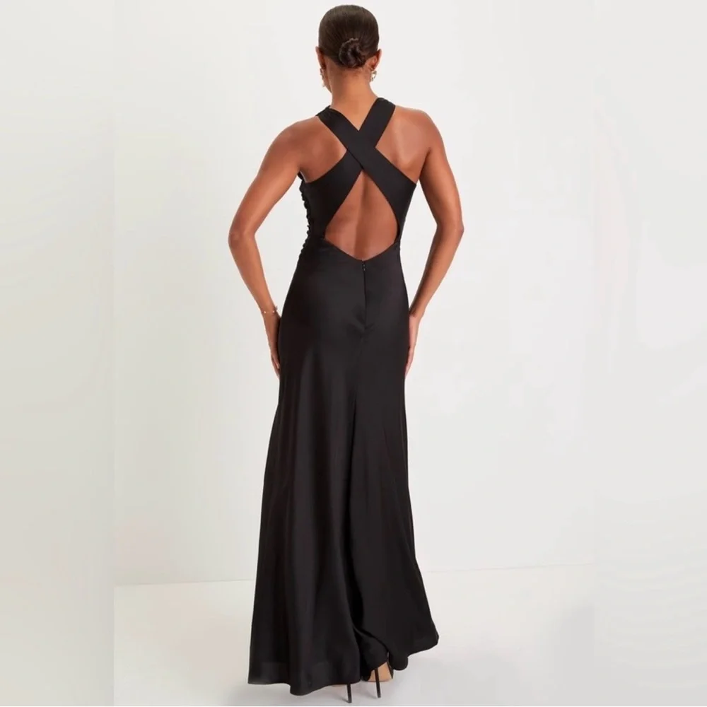 Lulus Effortlessly Sensational NWT size Large Black Satin Backless Maxi Dress - Picture 2 of 13